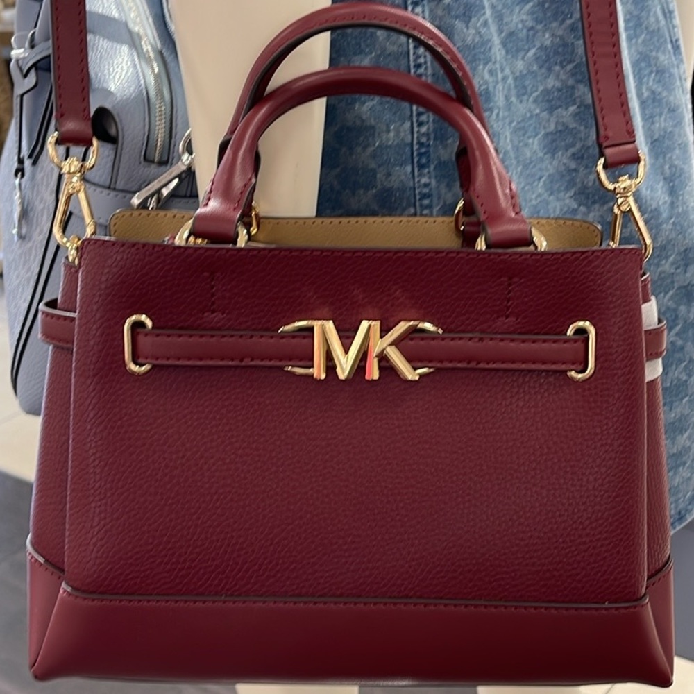 Michael Kors Reed Small Dark Cherry Leather Center Zip Belted Satchel Purse 
NWT
